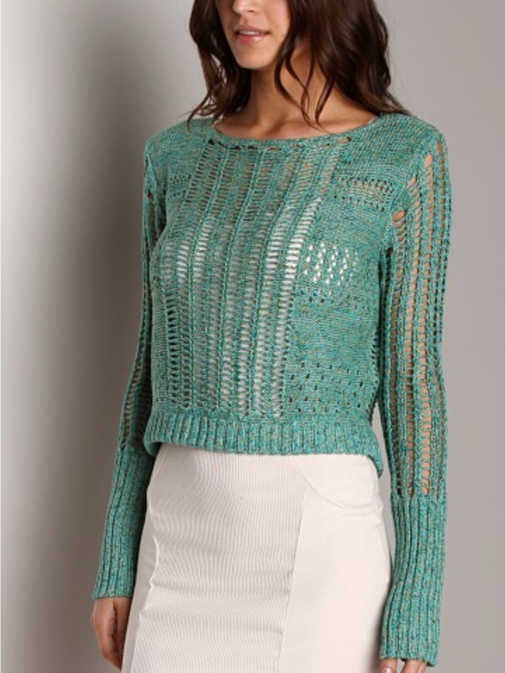 Free People Teal Open-Knit Scoop Neck Sweater